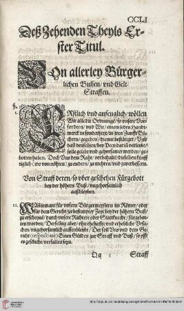 Zehendt Theyl Titul 1 Von allerley Bürgerlichen Bussen / vnd Geltstraffen