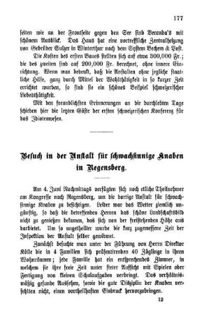 Besuch in der Anstalt für schwachsinnige Knaben in Regensberg.
