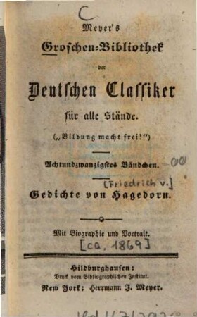 Gedichte von Hagedorn : mit Biographie und Portrait