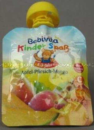 Babynahrung: Apfel-Pfirsich-Mango, leere Verpackung