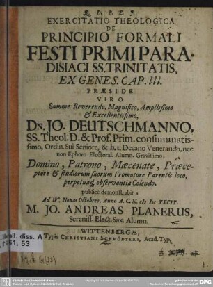 Exercitatio theologica de principio formali festi primiparadisiaci SS. trinitatis ex genes. cap. III.