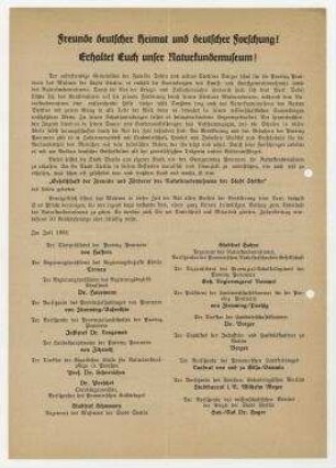 Mitgliederwerbung für die Gesellschaft der Freunde und Förderer des Naturkundemuseums der Stadt Stettin. [Stettin]