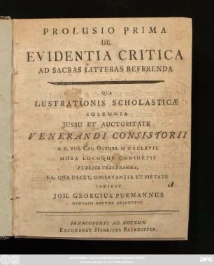 Prolusio 1: Prolusio ... De Evidentia Critica Ad Sacras Litteras Referenda