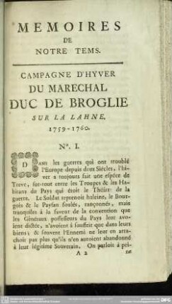 Campagne D' Hyver Du Marechal Duc De Broglie Sur La Lahne. 1759-1760. No. I.