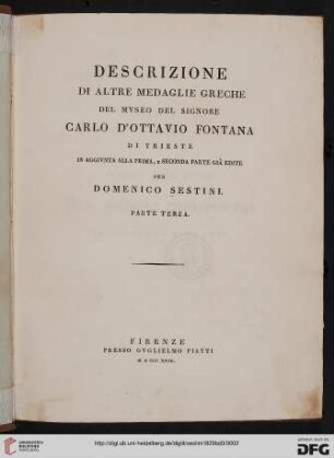 Band 3: Descrizione d'alcune medaglie greche del Museo del signore Carlo d'Ottavio Fontana di Trieste