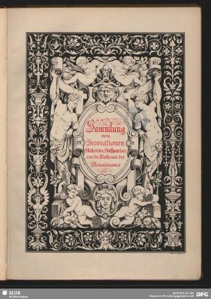 Titelblatt zu "Sammlung von Decorationen, Stickereien, Stoffmustern aus der Blütezeit der Renaissance"