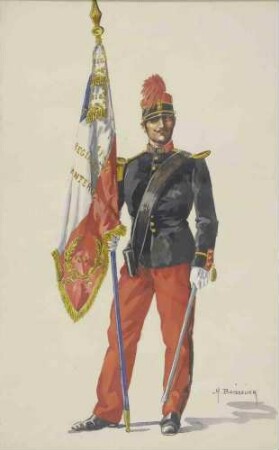 Fahnenträger des franz. 158. Infanterie-Regiments in Uniform und Mütze mit aufgestützter Regiments-Fahne, stehend, Brustbild