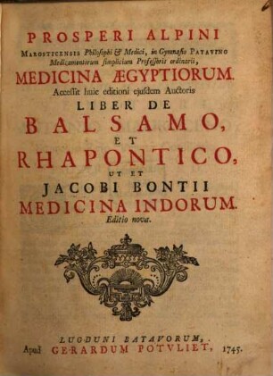 Prosperi Alpini Marosticensis Philosophi & Medici, ..., Medicina Aegyptiorum
