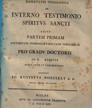 Diss. theol. de interno testimonio Spiritus Sancti, Pars II.