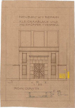 Pfann, Paul; München, Kaulbachstr. 29; Haus Prof. v. Rümann - Kleiderablage u. Heizkörper im Vestibül (Teilgrundriss, Ansicht)