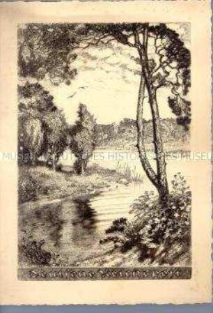 Schmuckblatt-Telegramm mit Glückwunsch zur Vermählung, Motiv: Flusslandschaft