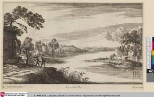[Flusslandschaft mit zwei Männern im Gespräch die am Ufer spazieren]