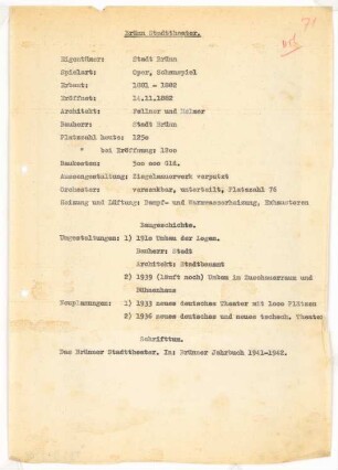 Stadttheater, Brünn: Schriftstück zum Fragebogen für das Handbuch »Das Deutsche Theater«