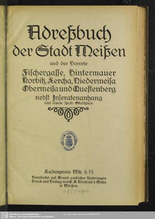 1916: Adressbuch der Stadt Meißen und der Vororte Maisatal und Lercha