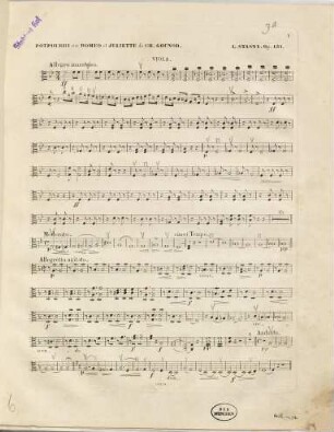 Potpourri sur des motifs de l'opéra Romeo et Juliette de Gounod : pour deux violons, alto, basse, flûte, deux clarinettes, deux cors obligés et violoncello, deux trompettes, trombone, timballes et tambour grand ad-libitum : op. 131
