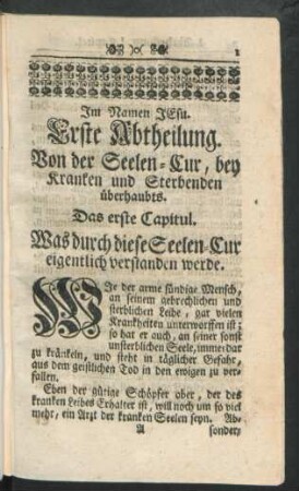 Erste Abtheilung. Von der Seelen-Cur, bey Kranken uns Sterbenden überhaubts