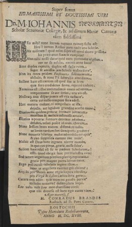 Super funus Humanissimi Et Doctissimi Viri Dn. M. Johannis Neukrantzn Scholae Senatoriae Collegae, & ad divum Mariae Cantoris ...