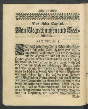 Das Achte Capitul. Von Begräbnussen und Seel-Messen