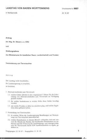 Antrag der CDU: Verminderung von Tierversuchen