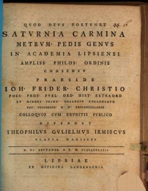 Satvrnia Carmina Metrvm Pedis Genvs
