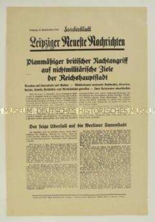 Sonderblatt der "Leipziger Neuesten Nachrichten" zu einem britischen Luftangriff auf Berlin