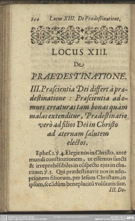 Locus XIII. De Praedestinatione