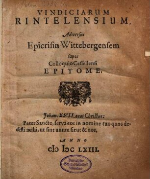 Vindiciarum Rintelensium, Adversus Epicrisin Wittebergensem super Colloquio Casselensi Epitome