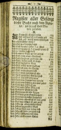 Register aller Gesänge dieses Buchs nach dem Alphabet/ wie sie auff ihren Blattern zufinden.