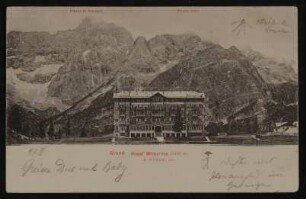 Ansichtskarte von Hofmannsthals an seine Schwiegermutter Franziska Schlesinger mit Ansicht des Grand Hotel Misurina und Zeichnung von Hofmannsthal: "Dichter mit Panamahut im Gebirge"
