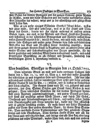 VI. Von demselben. Ebenezer in Georgien den 31. Octob. 1753