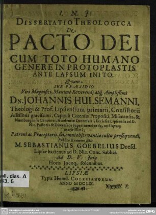Dissertatio theologica de pacto Dei cum toto humano genere in protoplastis ante lapsum inito