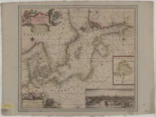Karte von der Ostsee vom Skagerrak bis zu den Aland-Inseln mit Ortsansicht von Kopenhagen, 1:2 500 000, Kupferstich, 1685 : Generale Pas-Kaart van de Oost-Zee : Streckende van de Kust van Iutlandt Ter Nues in Noorwegen, vorders Schger-rak Belt, Sond tot Schansterny, Ingermanlandt ; Serenissimo Principi Christiano Quinto ... / dedicat Johannes Loots. Gemaakt door Petter Gedda. Anthoni de Winter fecit et sculp.. - [Ca. 1:2 500 000]. - Amsterdam : Loots , [1685]. - 1 Kt. : kolor. Kupferst. ; 57 x 50 cm