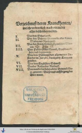 Verzeichnuß deren Kranckheyten, welche ordentlich nach einander allhie beschrieben werden