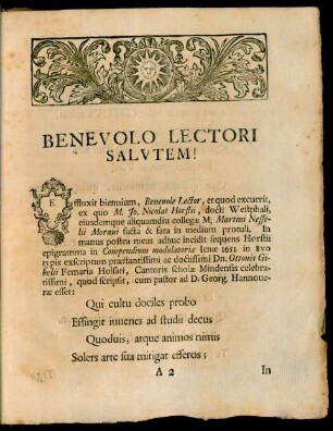 Benevolo Lectori Salutem!