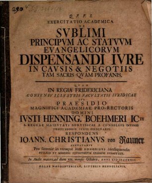 Exercitatio academica de sublimi principum ac statuum evangelicorum dispensandi iure in causis & negotiis tam sacris quam profanis