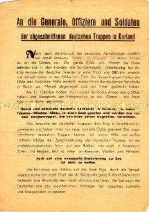 Propagandaflugblatt der Roten Armee für die deutschen Truppen in Kurland