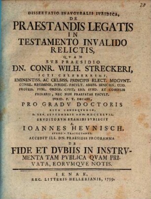 Dissertatio Inavgvralis Ivridica, De Praestandis Legatis In Testamento Invalido Relictis