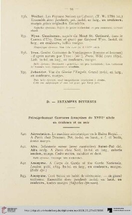 D. - Estampes diverses: Principalement Gravures français du XVIIIe siècle en couleurs et en noir (Nr. 840-981)