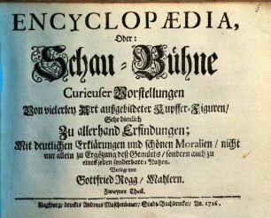 Encyclopaedia, oder Schau-Bühne curieuser Vorstellungen von vielerley Art außgebildeter Kupffer-Figuren : sehr dienl. zu allerhand Erfindungen, besonders vor Mahler, Kupffer-, Silber- und Siegel-Stecher ..., 2. (1726). - S. 21-40 : zahlr. Ill.
