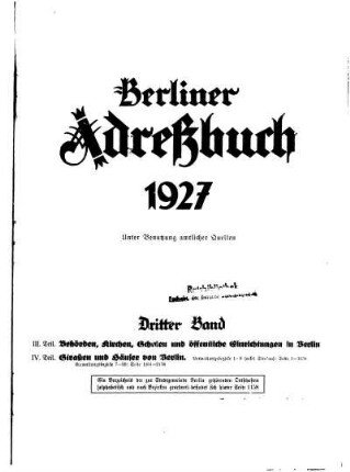 Berliner Adreßbuch 1927 Dritter Band