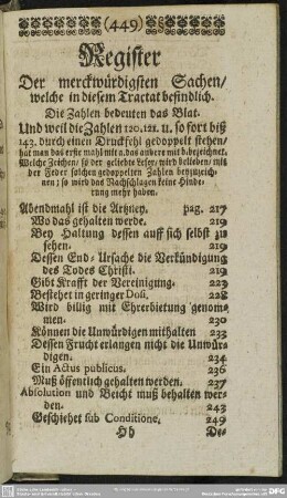 Register Der merckwürdigsten Sachen, welche in diesem Tractat befindlich