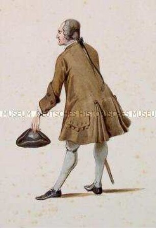 Mann in schlichtem braunen Justaucorps und Dreispitz, sich verbeugend - Tafel aus Franceschini/Kostümbilder (Kassette 2)
