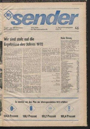 Betriebszeitung 'WF-Sender', Nr.46/1972 (4. Dezemberausgabe 1972)
