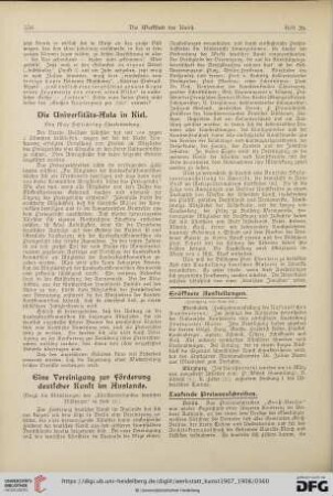 Ausstellungen / Preisausschreiben / Denkmäler / Denkmalschutz / Staatsaufträge etc. / Staatsankäufe etc. / Staatliche Kunstpflege / Aus Galerien und Museen / Aus Akademien und Kunsthochschulen / Personalien / Todesfälle / Stipendien und Stiftungen / Vereine / Vermischtes