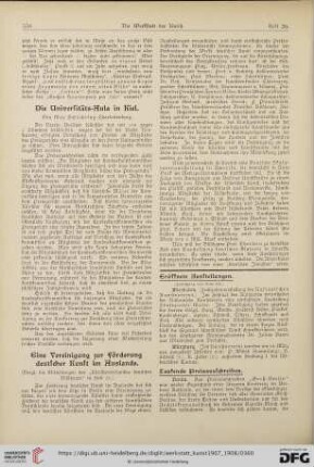 Ausstellungen / Preisausschreiben / Denkmäler / Denkmalschutz / Staatsaufträge etc. / Staatsankäufe etc. / Staatliche Kunstpflege / Aus Galerien und Museen / Aus Akademien und Kunsthochschulen / Personalien / Todesfälle / Stipendien und Stiftungen / Vereine / Vermischtes
