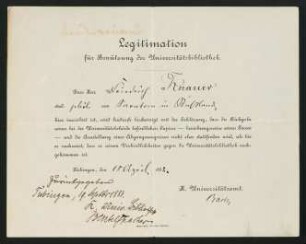 "Legitimation für Benützung der Universitätsbibliothek" 1882