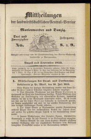 Drei und Zwanzigster Jahrgang. No. 8. u. 9. August und September 1855.