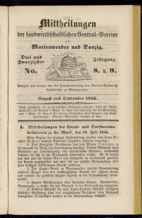 Drei und Zwanzigster Jahrgang. No. 8. u. 9. August und September 1855.