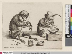 [Zwei sitzende Affen, der rechte vor einer Schale, der linke ein Tuch haltend]