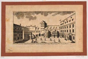 Der Zeughof mit dem Zeughaus (rechts), der Stückgießerei (Bildmitte) und der Rossmühle (links), Teil einer Reihe Dresdner Stadtansichten und sächsischer Ortsansichten von Schlitterlau um 1770